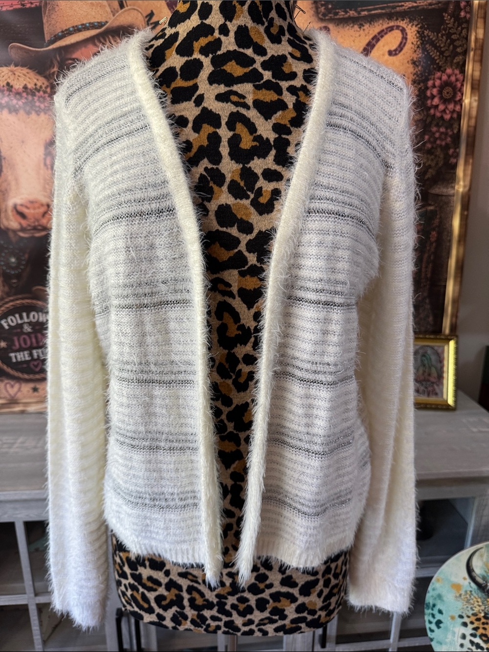 I.N. Studio Cream Fuzzy Open-Front Women's Sweater Cardigan  Sz XL
